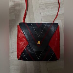 Rare Vintage LANVIN Paris RedBlue Leather Contrast Stitch Envelope Crossbody Bag